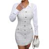 imagechouyatou Women Elegant Pencil Tweed Pinafore Dress V Neck Sleeveless Plaid Mini Short Overall Vest DressBeige