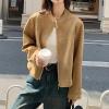 imagechouyatou Women Vintage Faux Suede Jacket Zip Up Bomber Jacket Stand Collar Cropped Biker Moto Jacket CoatBrown