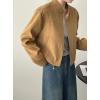 imagechouyatou Women Vintage Faux Suede Jacket Zip Up Bomber Jacket Stand Collar Cropped Biker Moto Jacket CoatBrown