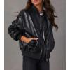 imagechouyatou Womens Fall Oversized Faux Leather Bomber Jacket Zip Boyfriend Motocycle Leather JacketBlack