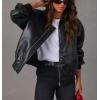 imagechouyatou Womens Fall Oversized Faux Leather Bomber Jacket Zip Boyfriend Motocycle Leather JacketBlack