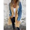 imagechouyatou Womens Notched Lapel Double Breasted Denim Spliced Faux Suede Leather Long Trench Coat Jacket OuterwearBlue