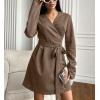 imagechouyatou Womens Sexy Wrap Suede Dress Long Sleeve ALine Faux Suede Leather Party Mini DressBrown