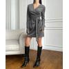 imagechouyatou Womens Sexy Wrap Suede Dress Long Sleeve ALine Faux Suede Leather Party Mini DressGray
