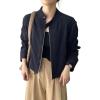 imagechouyatou Women Vintage Faux Suede Jacket Zip Up Bomber Jacket Stand Collar Cropped Biker Moto Jacket CoatNavy Blue