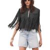imagechouyatou Womens Fashion Fringe Tassels Faux Suede Leather Sleeveless Cropped Vest Jacket TopsBlack