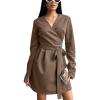 imagechouyatou Womens Sexy Wrap Suede Dress Long Sleeve ALine Faux Suede Leather Party Mini DressBrown