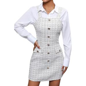 imagechouyatou Women Elegant Pencil Tweed Pinafore Dress V Neck Sleeveless Plaid Mini Short Overall Vest DressBeige