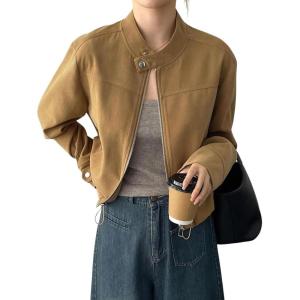 imagechouyatou Women Vintage Faux Suede Jacket Zip Up Bomber Jacket Stand Collar Cropped Biker Moto Jacket CoatBrown