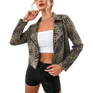 imagechouyatou Womens Chic Streetwear Leopard Print Moto Biker Suede Leather JacketGreen