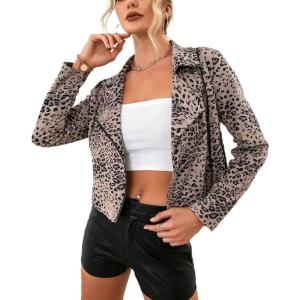 imagechouyatou Womens Chic Streetwear Leopard Print Moto Biker Suede Leather JacketGrey