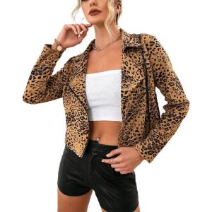 imagechouyatou Womens Chic Streetwear Leopard Print Moto Biker Suede Leather JacketKhaki