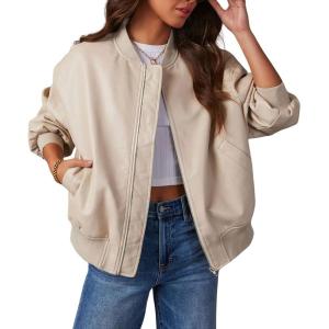 imagechouyatou Womens Fall Oversized Faux Leather Bomber Jacket Zip Boyfriend Motocycle Leather JacketBeige