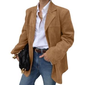 imagechouyatou Womens Fall Vintage Faux Suede Leather Jacket Suit Casual Button Down Notch Collar Blazer CoatBrown