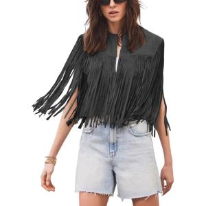 imagechouyatou Womens Fashion Fringe Tassels Faux Suede Leather Sleeveless Cropped Vest Jacket TopsBlack