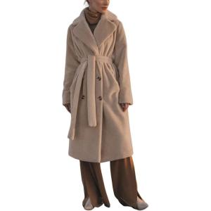 imagechouyatou Womens Fuzzy Plush Sherpa Jacket Double Breasted Notch Lapel Faux Fur Coat OuterwearBeige Brown