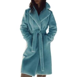 imagechouyatou Womens Fuzzy Plush Sherpa Jacket Double Breasted Notch Lapel Faux Fur Coat OuterwearBlue