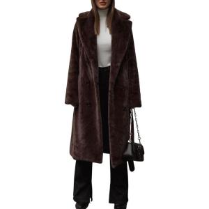 imagechouyatou Womens Fuzzy Plush Sherpa Jacket Double Breasted Notch Lapel Faux Fur Coat OuterwearBrown