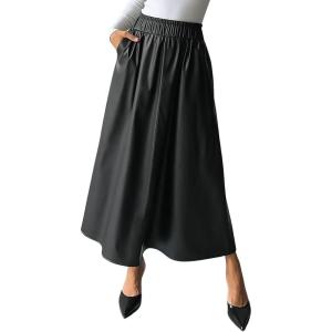 imagechouyatou Womens High Elastic Waist PU Leather Skirt ALine Faux Leather Midi Long Skater Skirt with PocketsBlack