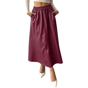 imagechouyatou Womens High Elastic Waist PU Leather Skirt ALine Faux Leather Midi Long Skater Skirt with PocketsWine Red