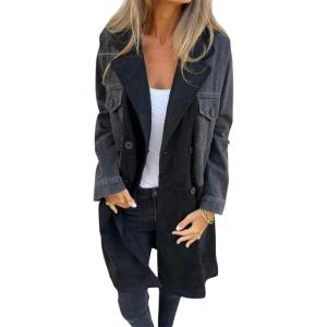 imagechouyatou Womens Notched Lapel Double Breasted Denim Spliced Faux Suede Leather Long Trench Coat Jacket OuterwearBlack