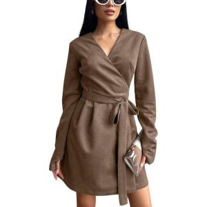imagechouyatou Womens Sexy Wrap Suede Dress Long Sleeve ALine Faux Suede Leather Party Mini DressBrown