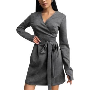 imagechouyatou Womens Sexy Wrap Suede Dress Long Sleeve ALine Faux Suede Leather Party Mini DressGray