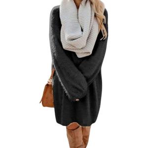 imagechouyatou Womens Winter Furry Pullover Sweater Dress Long Sleeve Fuzzy Fleece Warm Sweater Short DressBlack