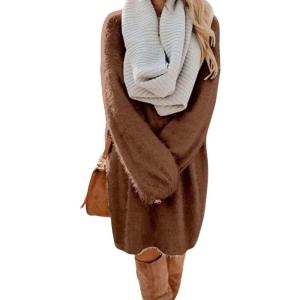 imagechouyatou Womens Winter Furry Pullover Sweater Dress Long Sleeve Fuzzy Fleece Warm Sweater Short DressBrown