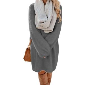 imagechouyatou Womens Winter Furry Pullover Sweater Dress Long Sleeve Fuzzy Fleece Warm Sweater Short DressGray