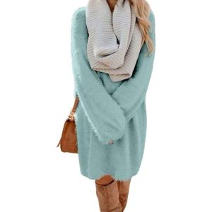 imagechouyatou Womens Winter Furry Pullover Sweater Dress Long Sleeve Fuzzy Fleece Warm Sweater Short DressLight Blue