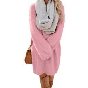 imagechouyatou Womens Winter Furry Pullover Sweater Dress Long Sleeve Fuzzy Fleece Warm Sweater Short DressPink