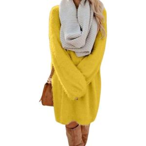 imagechouyatou Womens Winter Furry Pullover Sweater Dress Long Sleeve Fuzzy Fleece Warm Sweater Short DressYellow