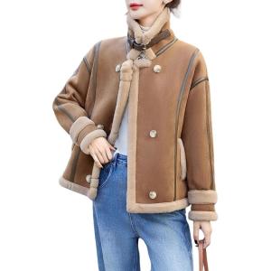 imagechouyatou Womens Winter Thicken Notch Lapel Button Down Sherpa Fleece Faux Suede Outerwear Jacket CoatBrown
