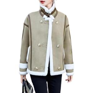 imagechouyatou Womens Winter Thicken Notch Lapel Button Down Sherpa Fleece Faux Suede Outerwear Jacket CoatGreen