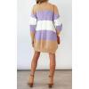 imagechouyatou Women Business Casual Color Block Striped Cardigan Sweater Open Front Long Knit Coatigan CoatPurple