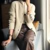 imagechouyatou Womens Business Casual Blazer Jacket Waffle Knit Sweater Cardigan Top Open Front Sweater CoatBeige