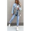imagechouyatou Womens Distressed Frayed Raw Hem Plaid Splicing Denim Jacket ShacketBlue