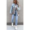 imagechouyatou Womens Distressed Frayed Raw Hem Plaid Splicing Denim Jacket ShacketBlue