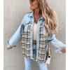 imagechouyatou Womens Distressed Frayed Raw Hem Plaid Splicing Denim Jacket ShacketBlue