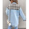 imagechouyatou Womens Distressed Frayed Raw Hem Plaid Splicing Denim Jacket ShacketBlue