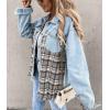 imagechouyatou Womens Distressed Frayed Raw Hem Plaid Splicing Denim Jacket ShacketBlue