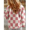 imagechouyatou Womens Fuzzy Plaid Sherpa Jacket Gingham Button Down Faux Fur Fleece Jacket CoatPink