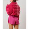 imagechouyatou Womens Winter Corduroy Cropped Puffer Quilted Jacket Color Block Zip Up Puffy Down Coat OuterwearPink