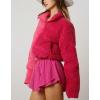 imagechouyatou Womens Winter Corduroy Cropped Puffer Quilted Jacket Color Block Zip Up Puffy Down Coat OuterwearPink