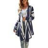 imagechouyatou Womens Color Block Vertical Striped Hooded Knit Cardigan Lapel Irregular Hem Drape Open Front Sweater CoatNavy Blue
