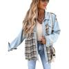imagechouyatou Womens Distressed Frayed Raw Hem Plaid Splicing Denim Jacket ShacketBlue
