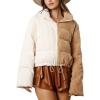imagechouyatou Womens Winter Corduroy Cropped Puffer Quilted Jacket Color Block Zip Up Puffy Down Coat OuterwearWhite