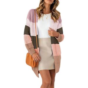 imagechouyatou Women Business Casual Color Block Striped Cardigan Sweater Open Front Long Knit Coatigan CoatPink