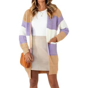 imagechouyatou Women Business Casual Color Block Striped Cardigan Sweater Open Front Long Knit Coatigan CoatPurple
